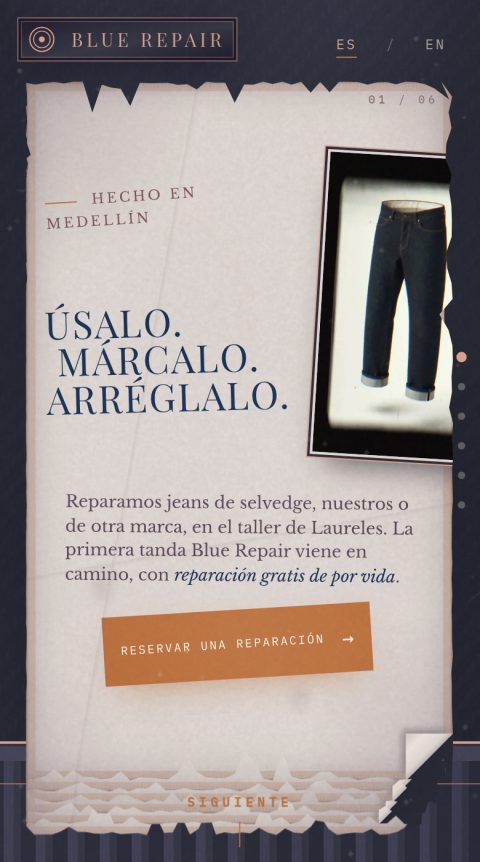 Blue Repair en el teléfono: Úsalo. Márcalo. Arréglalo., junto al video del jean