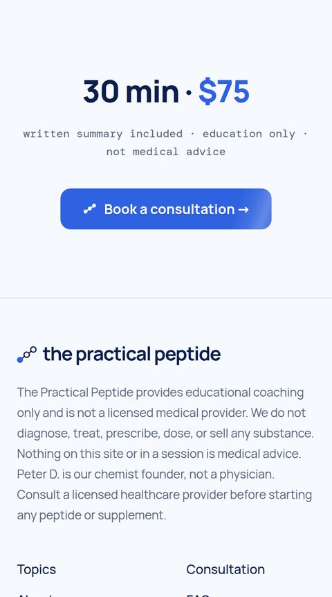 The Practical Peptide consultation page: 30 min, $75, Book a consultation button