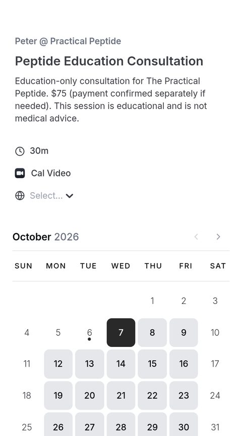 The Practical Peptide booking calendar on a phone